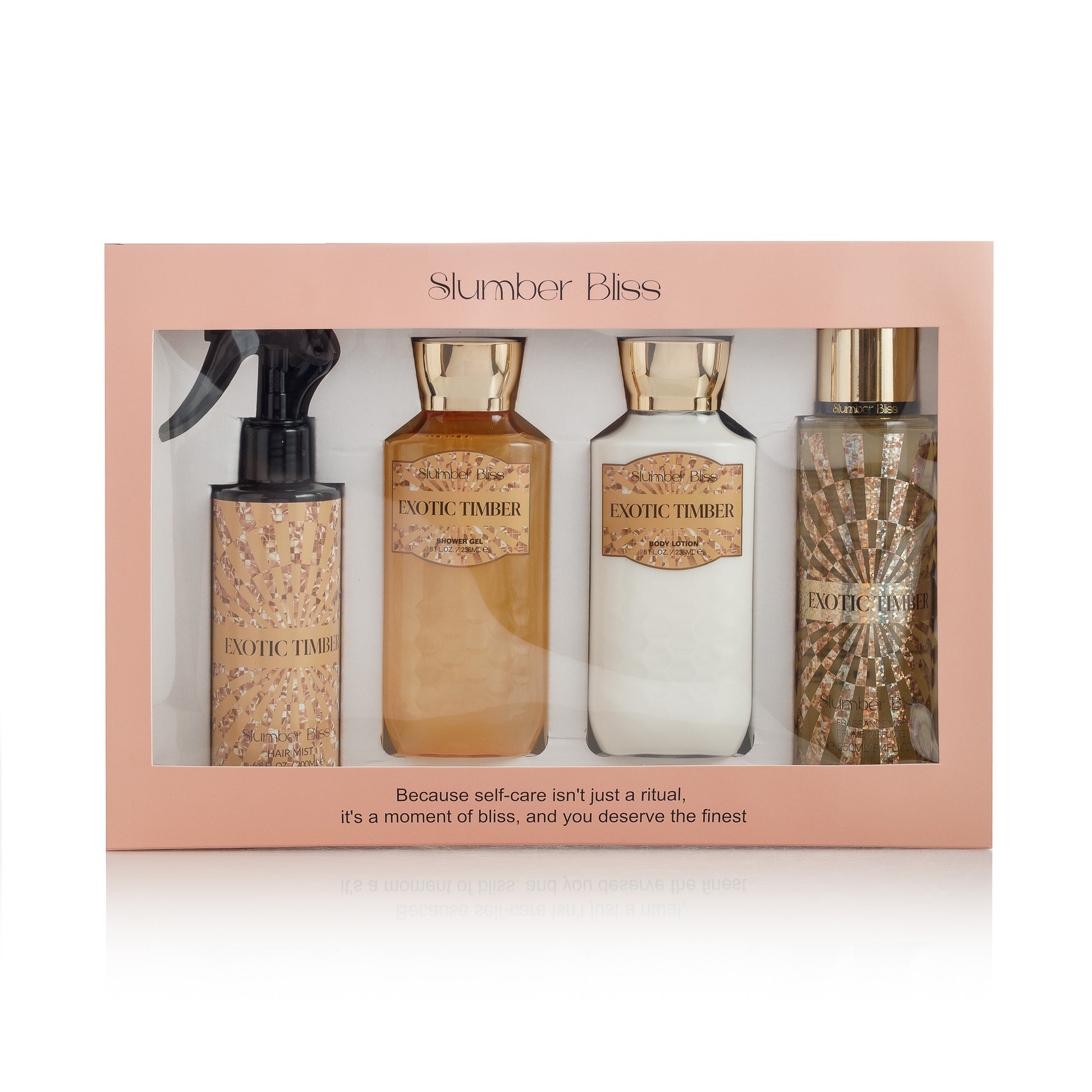Exotic Timber self-care ritual gift set with shower gel, moisturizing lotion, luxury body mist, and nourishing hair mist
