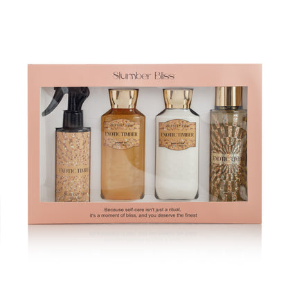 Exotic Timber self-care ritual gift set with shower gel, moisturizing lotion, luxury body mist, and nourishing hair mist