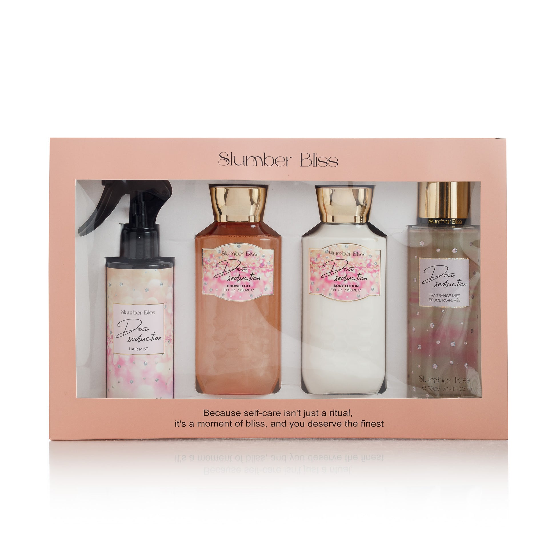 Divine Seduction self-care ritual gift set with scented shower gel, moisturizing lotion, luxury body mist, and nourishing hair mist